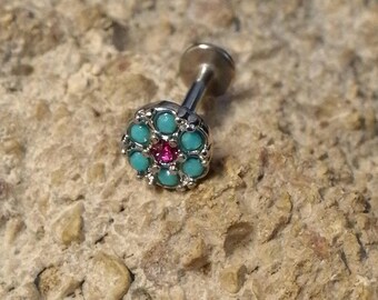 Turquoise & Pink Crystal Cluster Labret Stud - 1.2mm Gauge - suitable for lip, tragus, helix etc - UK Seller