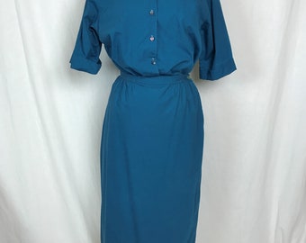 Vintage 1960s Two-Piece Day Dress Shirt Blouse Skirt Teal Blue Cotton Patite by Miss Pat Bust 41 Waist 29