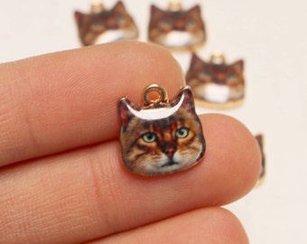 set of 5, cat charm, cat face charm, brown cat charm, gold charm, cute pet charm, animal charm, bright gold, 13mm x 13mm
