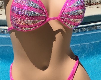 Sizzling Hot Pink Hologram & Rhinestone Bling Posing Suit One of a Kind Competition Bikini