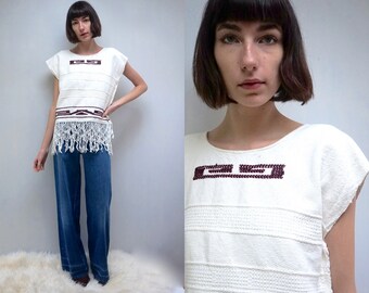 MEXICAN Top 70s Top HUIPIL Top Ethnic Top Fringe Top Mexican Shirt Boho Top Mayan Top Woven Cotton Top Macrame Top Festival Top Womens Tunic