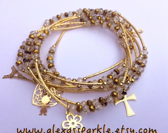 Crystal Clear & Gold Beaded Bracelet Set with Gold Plated Charms - Semanario pulseras de cristal y color oro con dijes de chapa de oro