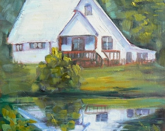 House Painting, Daily Painting, Small Landscape Painting, Painting on Sale, 8x8" "Beside the River"