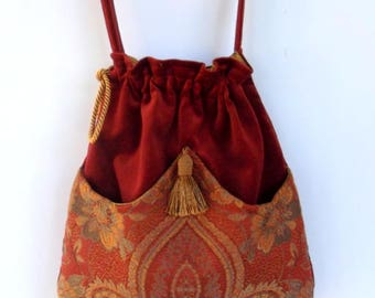 Brick Red and Gold Jacquard Tapestry and Velvet Boho Bag Drawstring Bag Brick Red Velvet Bag Bohemian Bag Crossbody Purse