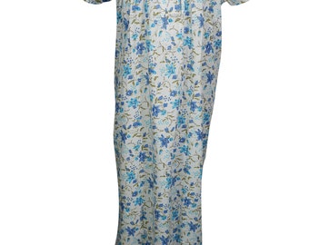 Lovely Bohemian Summer Caftan Blue Floral Print Cap Sleeves Comfy Maxi Caftan XL