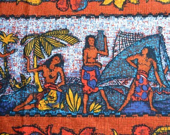 Vintage Fabric - Tiki Hawaiian Fishing Men and Women - Barkcloth Remnant Lot