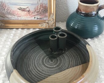 Vintage Handmade Ikebana Vase, Ikebana Signed Pottery Vase with Three Vessels, Nontraditional Teal/Blue/Ivory Ceramic Vase