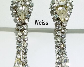 Weiss Rhinestone Dangle Clip Earrings - Clear Center Teardrop Rhinestone with Pronged Chatons and Clear Marquise - Formal & Bridal Earrings