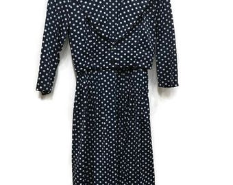 1950's Dress with Matching Jacket - Navy White Polkadot Cap Sleeve Long Dress with Cropped Jacket