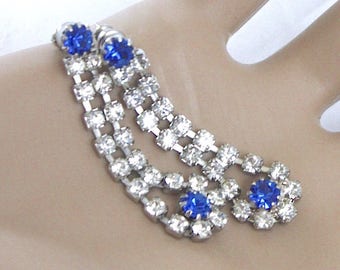Clear & Blue Crystal Rhinestone Earrings ~ Vintage Glam Dangle Earrings