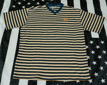 Vintage 90s Adidas Striped V Neck t shirt Size XL Trefoil Spellout Knit Grunge Baggy Oversized