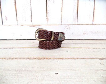 Vintage woven brown leather belt/boho/hippie wide leather boho belt/small/medium