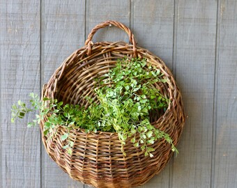 Vintage Wicker Basket, Hanging Wall Basket, Boho Decor, Cottage Decor, Plant Basket