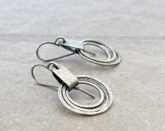 metalwork dangle earrings, oxidized fine and sterling silver earrings, modern rings earrings