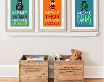 3 french posters with batman, Thor, Hulk, humour, children wall art, bathroom