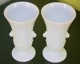 Pair of Vitrock fluted milk glass ornate vases