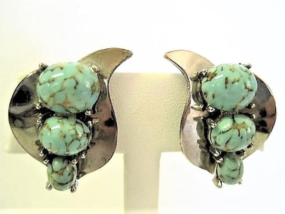 Turquoise Faux Earrings, Silver Setting, Lucite Stones, Vintage Clip Ons
