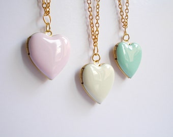 Heart locket necklace. Photo locket. Pink or White or Mint necklace. Gold tone. Secret message. Pastel enamel locket. Romantic. Tender