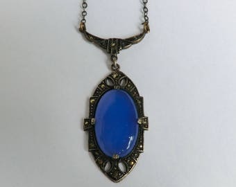 Art Deco Sterling Pendant Necklace Opaque Blue Glass Stone Marcasite