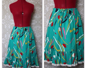 Vintage 1970's Turquiose Cotton Drawstring Skirt M-XL