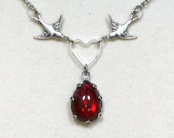 Vintage Ruby Teardrop with Antiqued Silver Birds and Heart Necklace