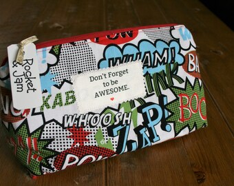 Bespoke / Handmade large Superhero Cosmetics / makeup bag / Awesome slogan <retro >