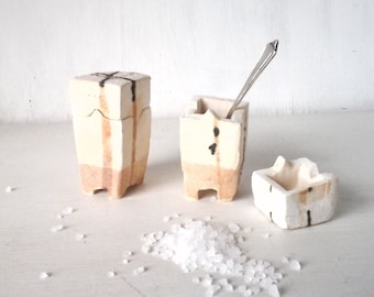 Pair salt and pepper cellars, japanese style pottery kitchen or office desk decor, boho wabi sabi container gift