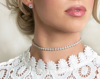 Bridal Choker, Silver Necklace, Crystal Choker, Bridal Jewelry, Bridal Necklace, Crystal Choker Necklace, Wedding Necklace, N069-S