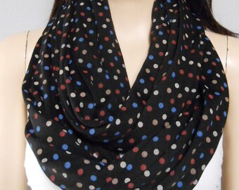 Super Cute Polka Dots on Black Infinity Scarf Jersey Knit