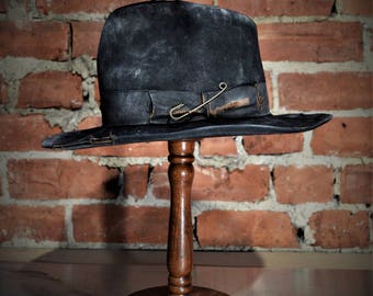 Unique distressed black fur felt fedora made to measure