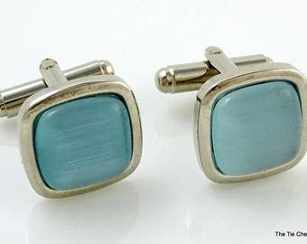 Light Blue Glass Cufflinks Silver Tone Square