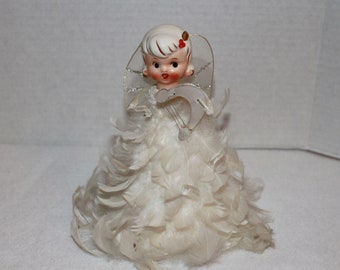 Vintage Holt Howard White Feather Christmas Angel Tree Topper Decoration Porcelain Head Harp