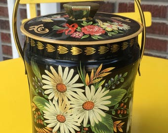 Vintage Floral Tin Box, Daisy Tin, Murray Allen Tin, Made in England, Black Tin