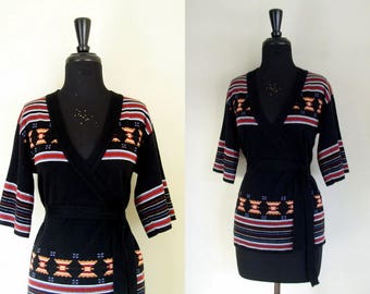 Vintage 1970's Boho Wrap Sweater / 70's Southwestern Aztec Tribal Belted Cardigan / Black, Brown. Blue & White