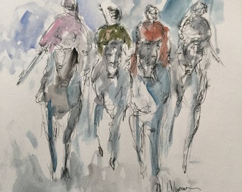 Original pen and ink drawing with watercolor wash "The Race"