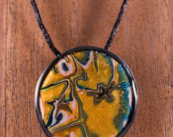 Mokume gane gold polymer clay pendant