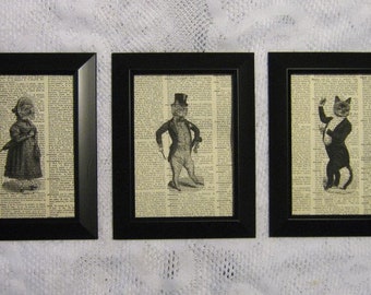 Victorian Cats on Vintage Dictionary Page Prints - Set of 3 - 5" x 7"
