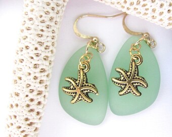 Sea Glass Earrings Made on Maui Hawaii Beaded Green Beach Glass Hawaiian Jewelry, Starfish Dangle Drop, Hawaiibeads, Resort Wear