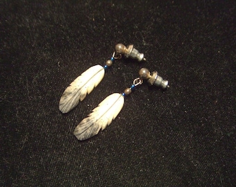 vintage ear ring hand carved bone Silver Hawk Signed hand painted 30 years old
