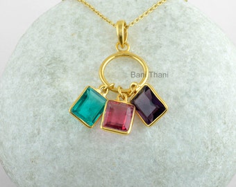 Three Color Gemstone Necklace Micron Gold Plated 925 Sterling Silver Bezel Jewelry #1720