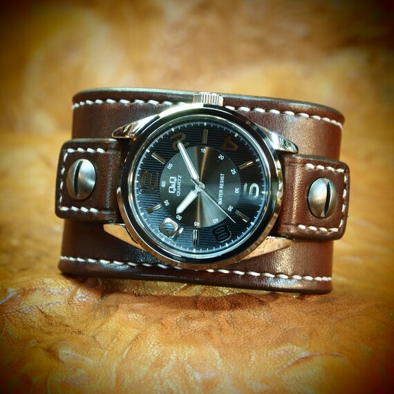 Leather cuff Watch Vintage Chocolate brown bridle leather watchband - handstitched leather watch band Made for YOU in USA by Freddie Matara