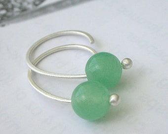 Green Jade Earrings - Small Open Hoop Earrings - Silver Minimalist Earrings
