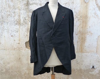 Vintage Antique 1900s French men tuxedo tail /rounded at the front / Charlot redingote /Black wool size L