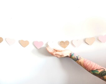 Gold, Blush Pink and White Glitter Heart Bunting Garland - Valentines Day Decor - Pink and Gold Party Decor, Rustic Shabby Chic Neutrals