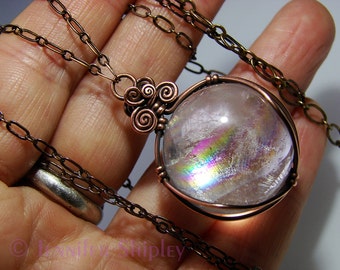 Rainbow Quartz Sphere Pendant Necklace - Colorful Gemstone Crystal Ball Wire-Wrapped with Nickel Free Copper, Healing Hypoallergenic Jewelry