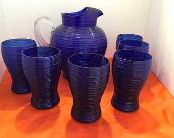 Vintage Imperial Spun Cobalt (Ritz) Pitcher and Tumbler Set