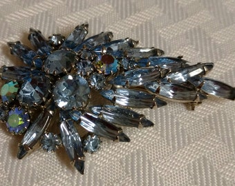 Vintage Blue Rhinestone and Silver Tone Brooch