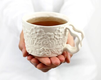 Handmade Ceramic Mug.White Porcelain Lace Cup. Tea Coffee Dainty Mug. Stoneware Lace Mug. White Romantic Clay Mug design by CONCEPTstudio.