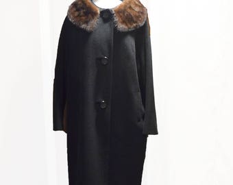 Beautiful Black 50's Surrella Wool and Fur Swing Coat