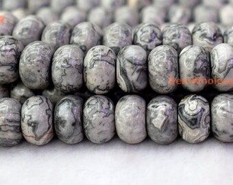 15.5" 8x12mm Natural grey map stone rondelle beads, Natural grey map stone disc beads,grey crazy lace jasper roundel beads 8x12mm QGC